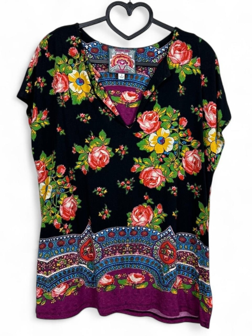 Johnny Was black floral top with a boho vibe